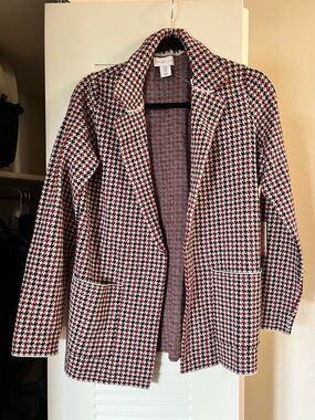 Sincerly Jules Red Black White Houndstooth Open Blazer